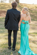 Turquoise Strapless Bow-Back High-Slit Mermaid Floor-Length Prom Dress