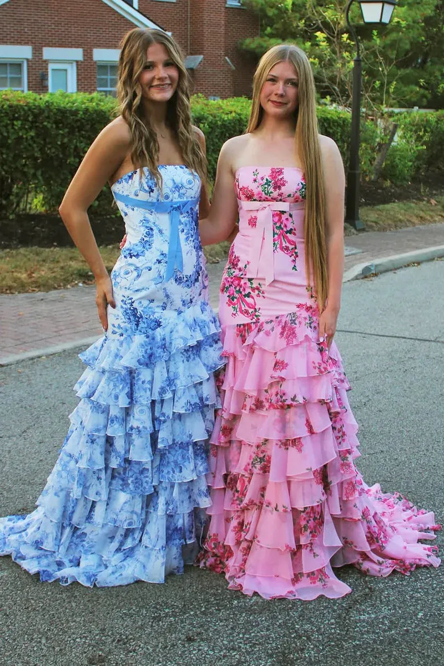 Romantic Strapless Tiered Ruffled Floral Print Gown