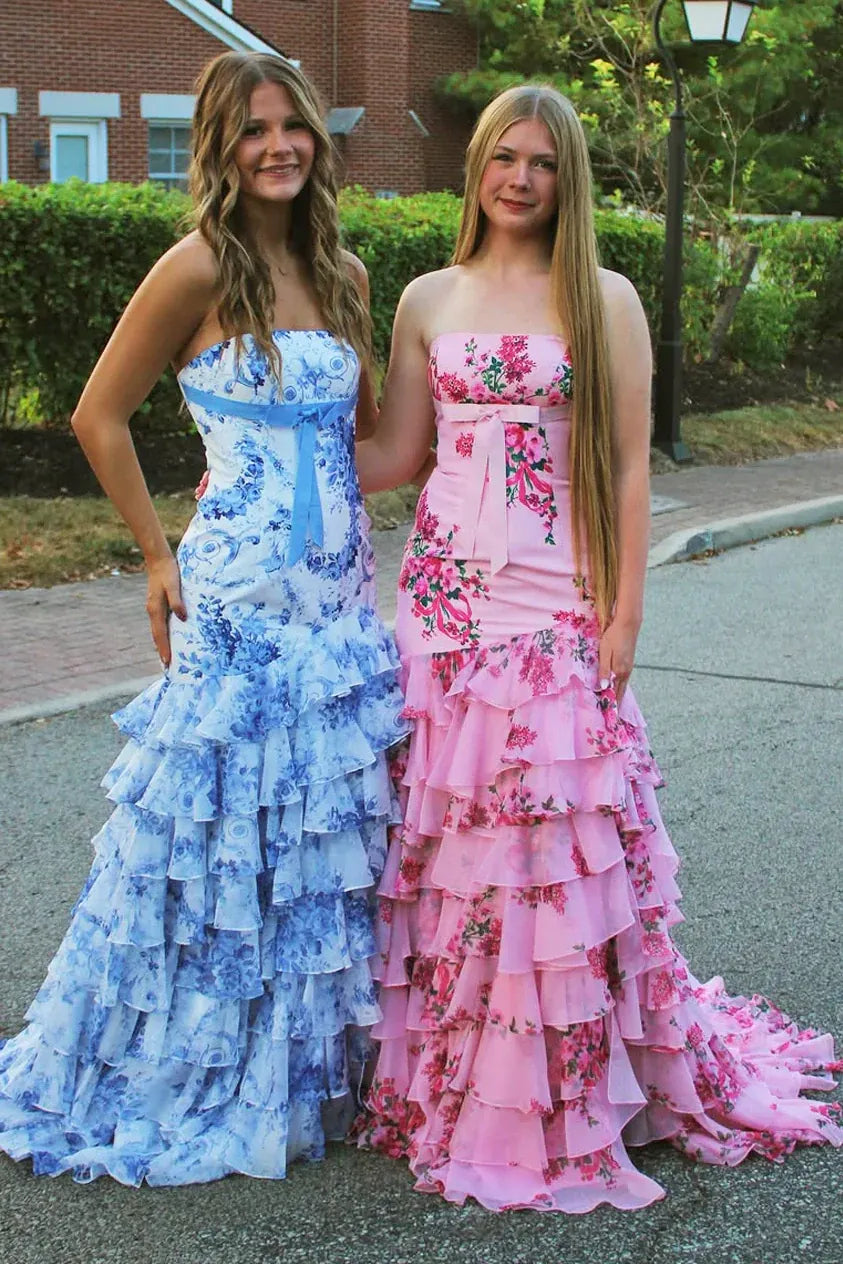 Romantic Strapless Tiered Ruffled Floral Print Gown