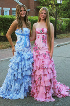 Romantic Strapless Tiered Ruffled Floral Print Gown