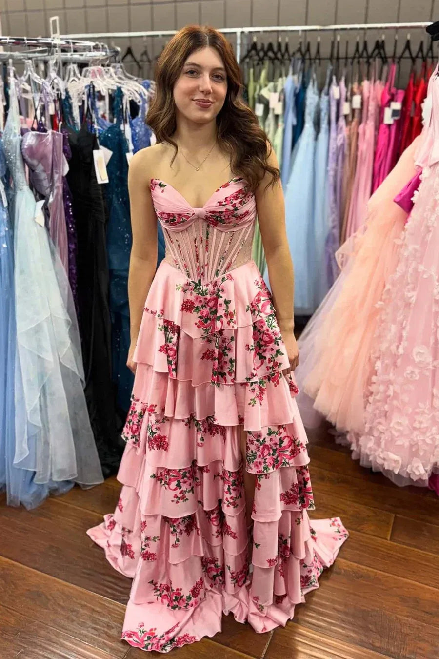 Romantic Tiered Strapless Sleeveless Floral Prom Dress With Slit