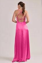Romantic V-Neck Hot Pink Satin Bridesmaid Dress with Crisscross Back Straps, High Thigh Slit & Floor-Length Hem