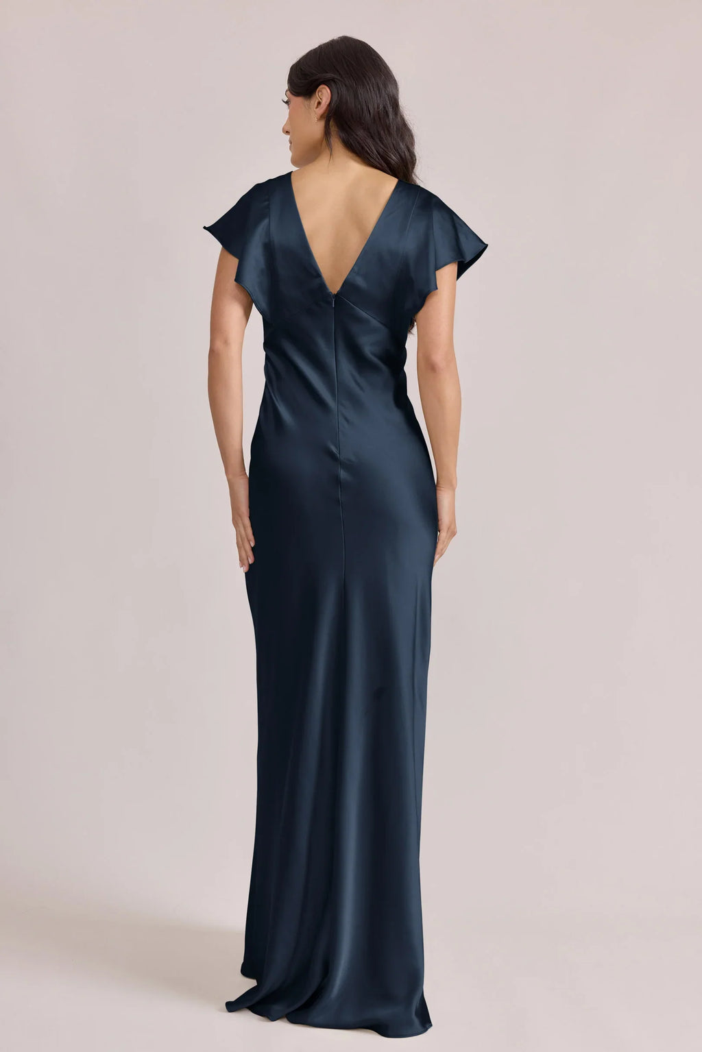 Romantic V-Neck Navy Blue Satin Bridesmaid Dress with Ruffle Flutter Sleeves & Open Back