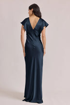 Romantic V-Neck Navy Blue Satin Bridesmaid Dress with Ruffle Flutter Sleeves & Open Back
