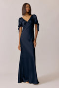 Romantic V-Neck Puff Sleeve Satin Mermaid Bridesmaid Dress with Button Back