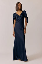Romantic V-Neck Puff Sleeve Satin Mermaid Bridesmaid Dress with Button Back
