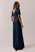 Romantic V-Neck Puff Sleeve Satin Mermaid Bridesmaid Dress with Button Back