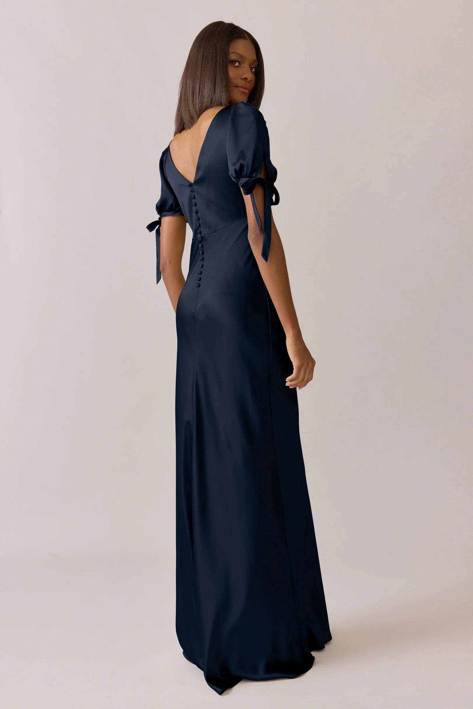 Romantic V-Neck Puff Sleeve Satin Mermaid Bridesmaid Dress with Button Back