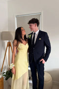 Yellow Spaghetti-Strap Sweetheart Chiffon-Skirt Floor-Length Prom Dress with Lace-Up Back