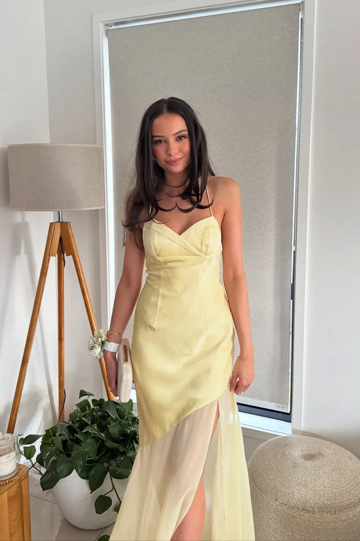 Yellow Spaghetti-Strap Sweetheart Chiffon-Skirt Floor-Length Prom Dress with Lace-Up Back