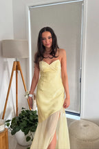 Yellow Spaghetti-Strap Sweetheart Chiffon-Skirt Floor-Length Prom Dress with Lace-Up Back