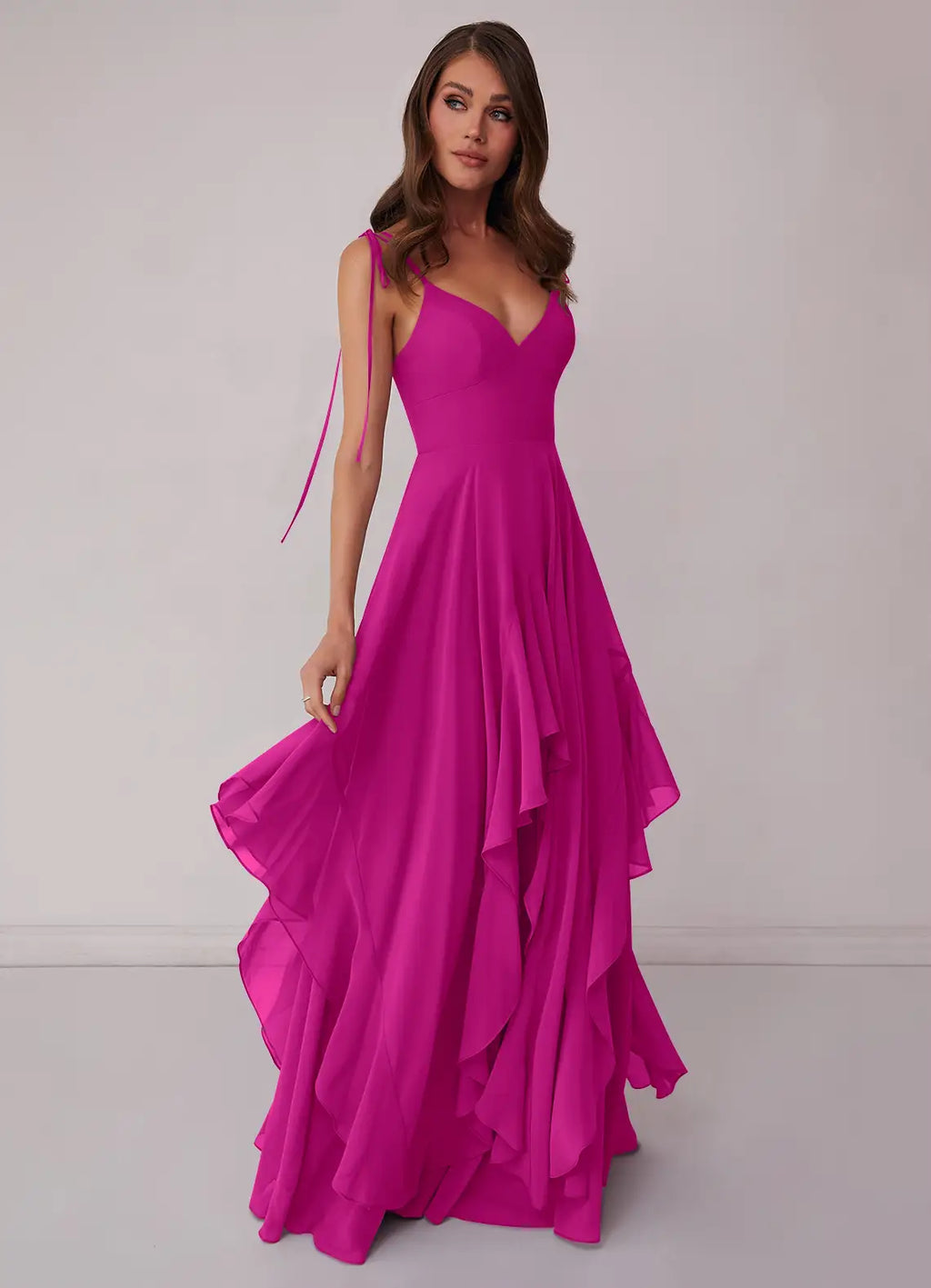 Romantic V-Neck Tie-Strap Ruffled Skirt Pocketed Floor-Length Bridesmaid Dresses