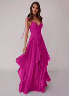 Romantic V-Neck Tie-Strap Ruffled Skirt Pocketed Floor-Length Bridesmaid Dresses