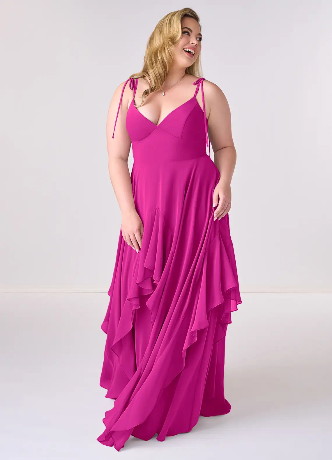 Romantic V-Neck Tie-Strap Ruffled Skirt Pocketed Floor-Length Bridesmaid Dresses