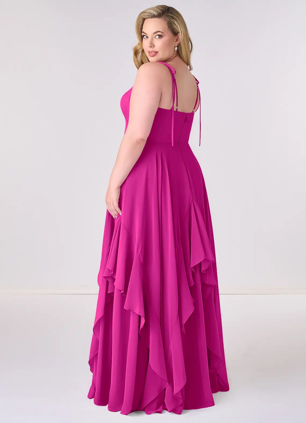 Romantic V-Neck Tie-Strap Ruffled Skirt Pocketed Floor-Length Bridesmaid Dresses