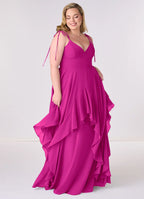 Romantic V-Neck Tie-Strap Ruffled Skirt Pocketed Floor-Length Bridesmaid Dresses