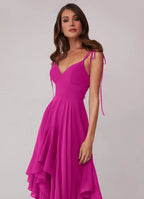 Romantic V-Neck Tie-Strap Ruffled Skirt Pocketed Floor-Length Bridesmaid Dresses