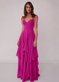 Romantic V-Neck Tie-Strap Ruffled Skirt Pocketed Floor-Length Bridesmaid Dresses