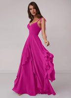 Romantic V-Neck Tie-Strap Ruffled Skirt Pocketed Floor-Length Bridesmaid Dresses