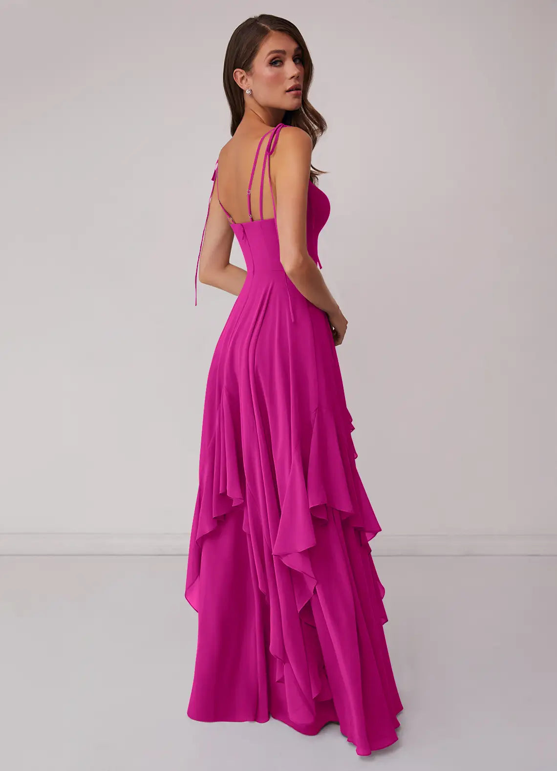 Romantic V-Neck Tie-Strap Ruffled Skirt Pocketed Floor-Length Bridesmaid Dresses