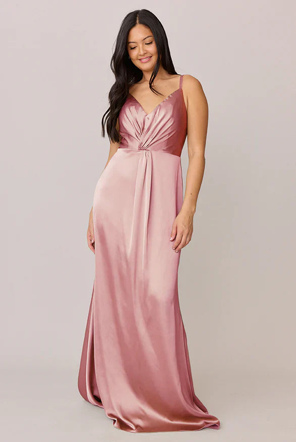 Romantic V-Neck Twist-Front Blush Pink Satin Bridesmaid Dress with Open Back & Floor-Length Hem
