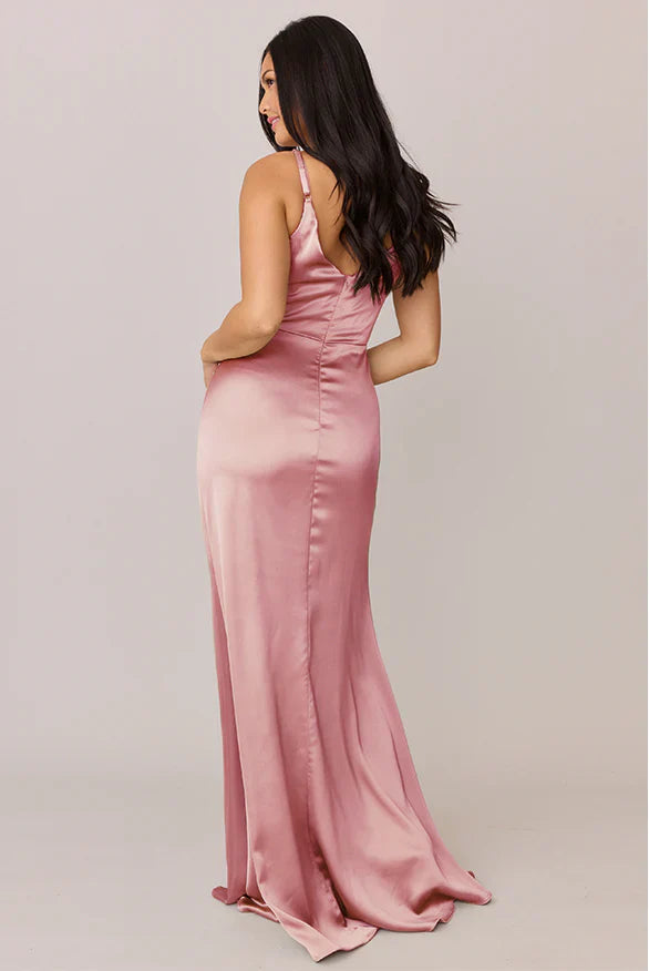 Romantic V-Neck Twist-Front Blush Pink Satin Bridesmaid Dress with Open Back & Floor-Length Hem