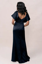Romantic V-Neck Twist Front Flutter Sleeve Satin Mermaid Bridesmaid Dress with Low Back