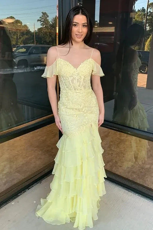 Yellow Romantic Yellow Off-Shoulder Tie Ruffled Mermaid Gown