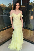 Yellow Romantic Yellow Off-Shoulder Tie Ruffled Mermaid Gown