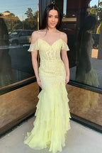 Yellow Romantic Yellow Off-Shoulder Tie Ruffled Mermaid Gown