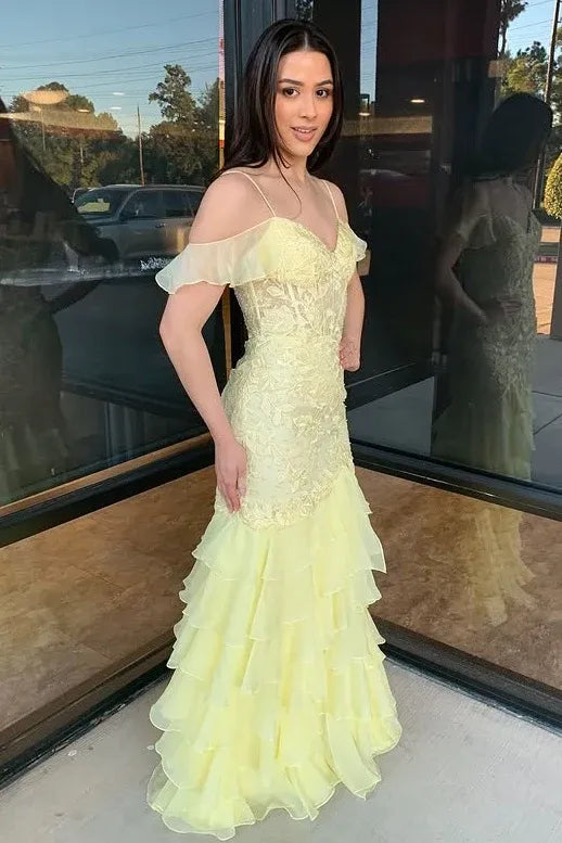 Yellow Romantic Yellow Off-Shoulder Tie Ruffled Mermaid Gown