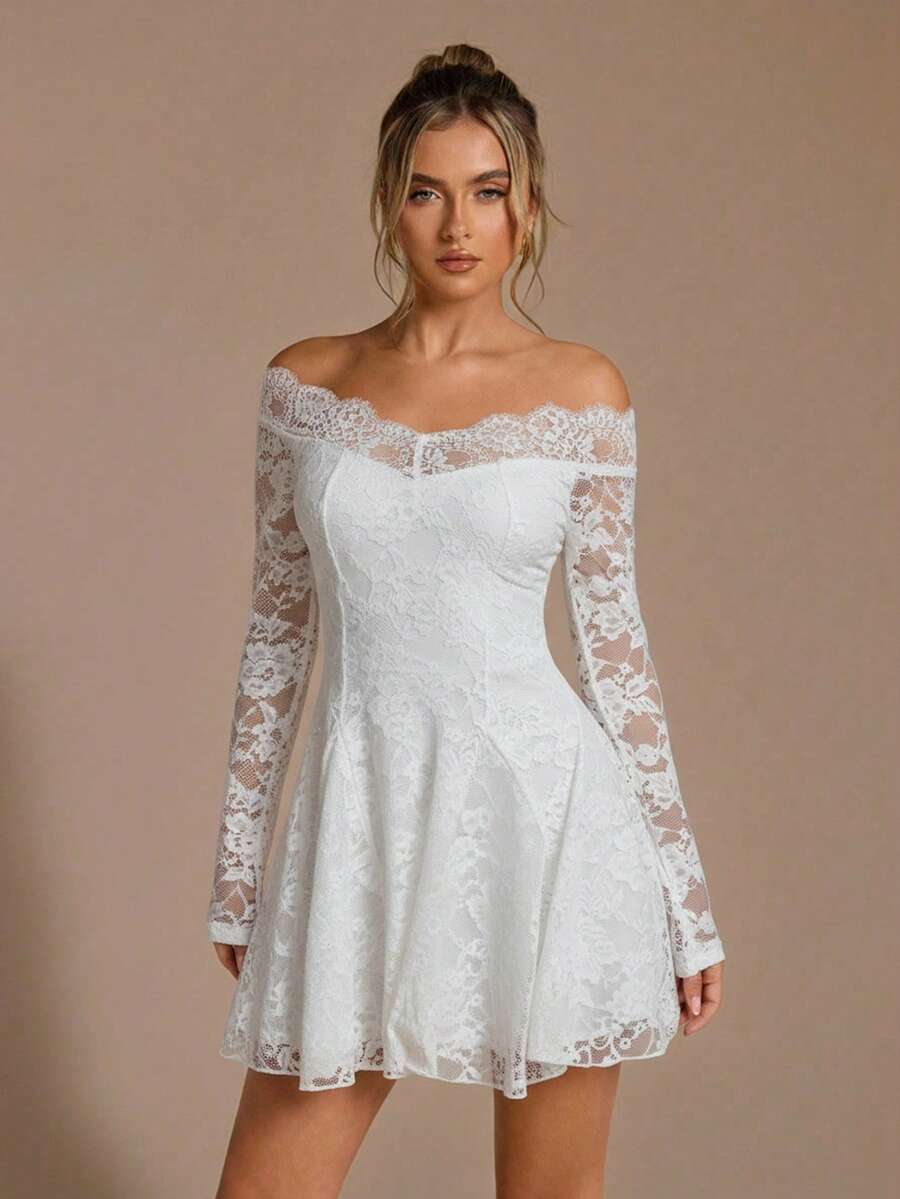 White Romantic A-Line Off-Shoulder Long Sleeve Mini Homecoming Dresses