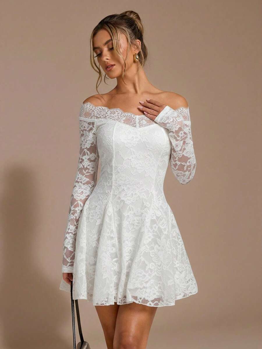 White Romantic A-Line Off-Shoulder Long Sleeve Mini Homecoming Dresses