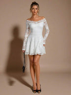 White Romantic A-Line Off-Shoulder Long Sleeve Mini Homecoming Dresses