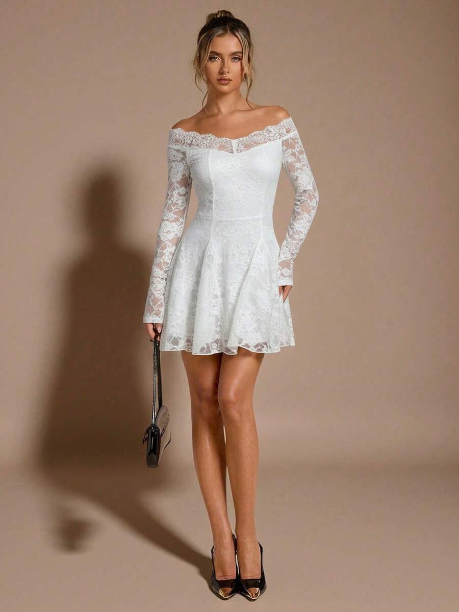 White Romantic A-Line Off-Shoulder Long Sleeve Mini Homecoming Dresses