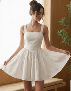White Romantic A-Line Square Neck Tiered Ruffled Mini Homecoming Dress