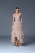 Romantic A-Line Sweetheart Long Sleeve Tiered Lace-Up Blush High-Low Wedding Dress