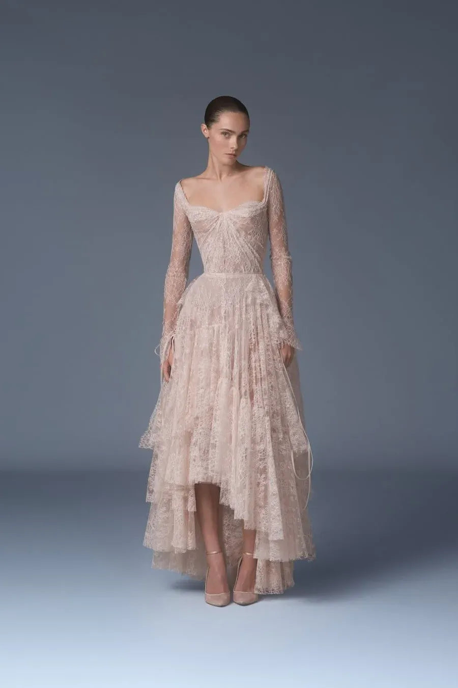 Romantic A-Line Sweetheart Long Sleeve Tiered Lace-Up Blush High-Low Wedding Dress