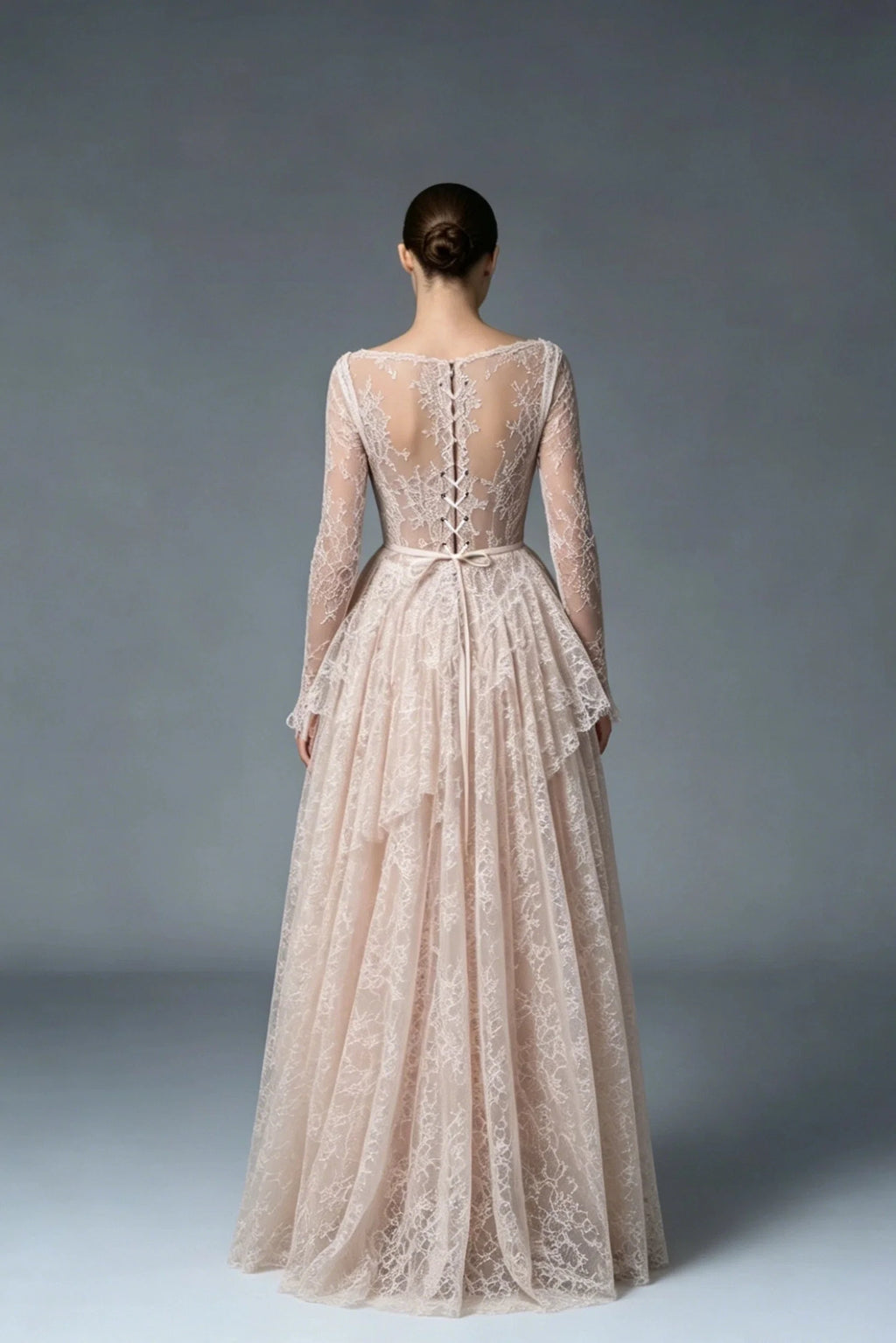 Romantic A-Line Sweetheart Long Sleeve Tiered Lace-Up Blush High-Low Wedding Dress