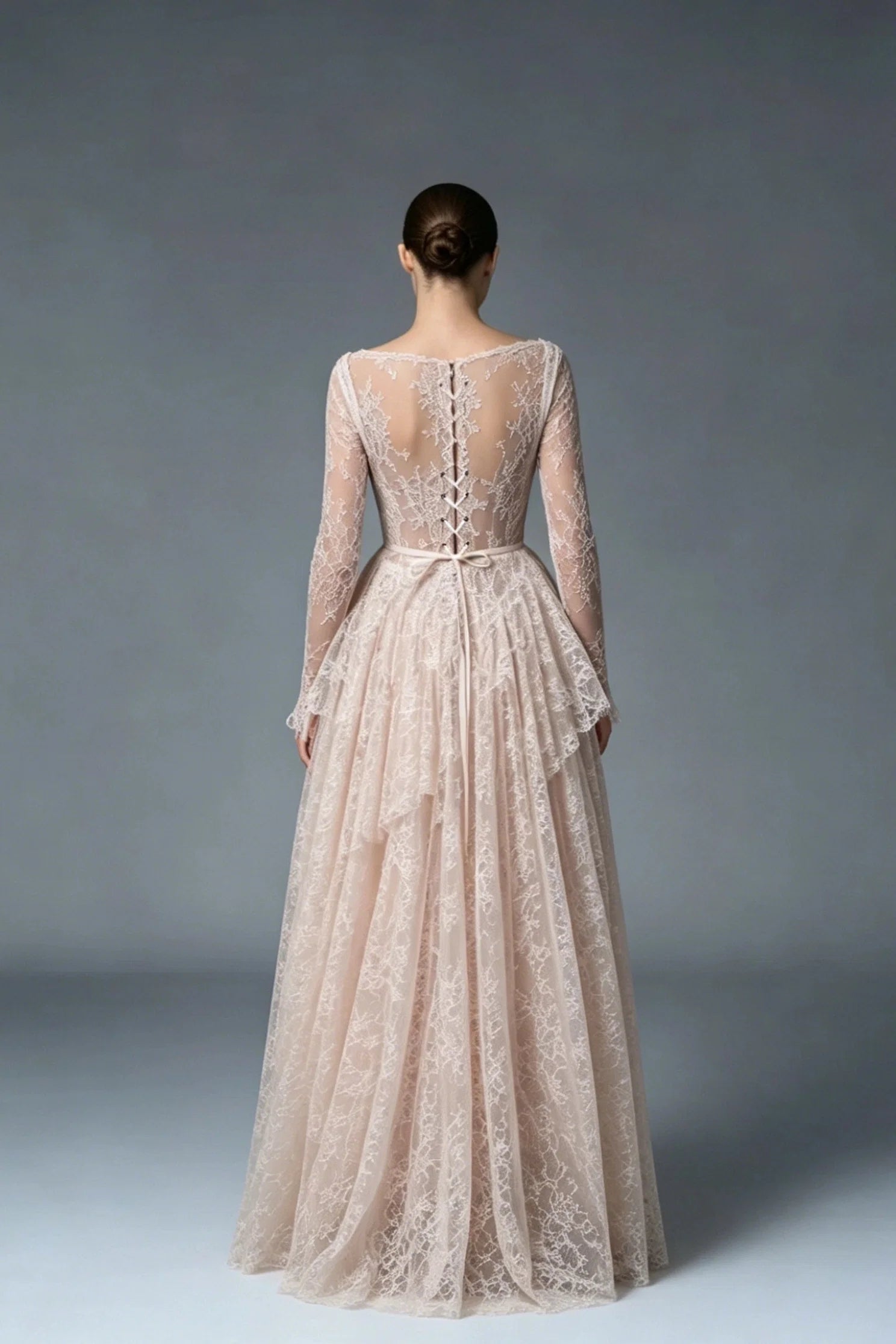 Romantic A-Line Sweetheart Long Sleeve Tiered Lace-Up Blush High-Low Wedding Dress