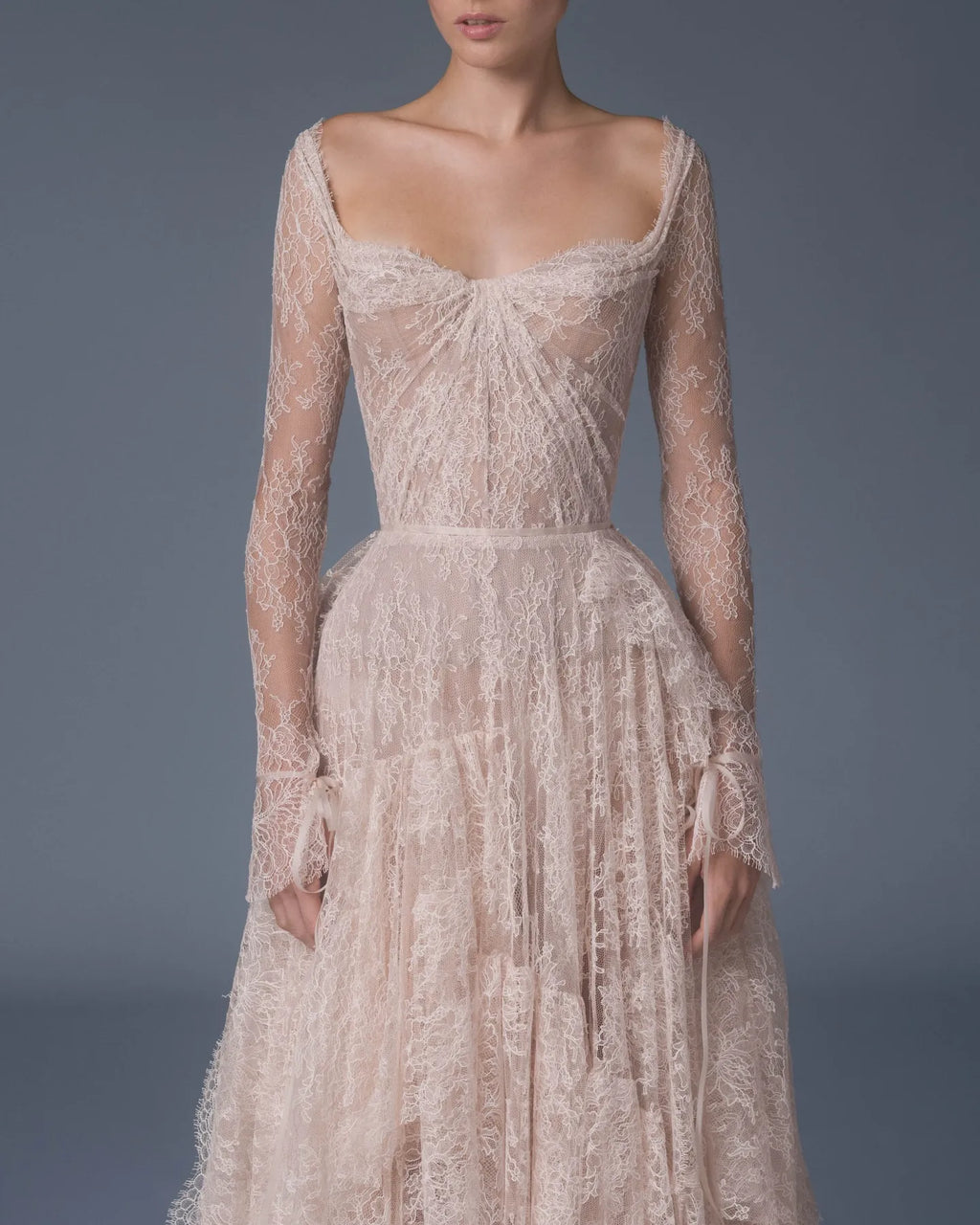 Romantic A-Line Sweetheart Long Sleeve Tiered Lace-Up Blush High-Low Wedding Dress