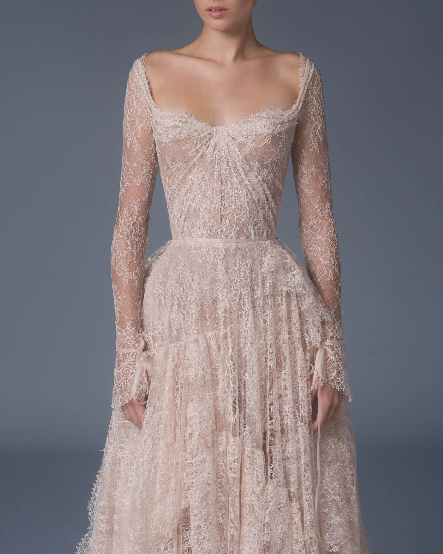 Romantic A-Line Sweetheart Long Sleeve Tiered Lace-Up Blush High-Low Wedding Dress