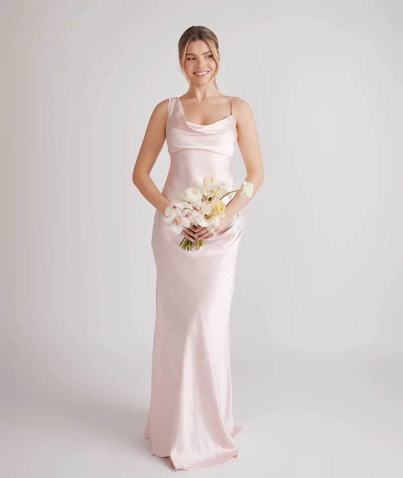 Romantic Blush Pink Asymmetric Cowl Neck Satin Adjustable Spaghetti Strap Bodycon Floor-length Bridesmaid Dresses