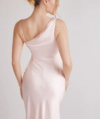 Romantic Blush Pink Asymmetric Cowl Neck Satin Adjustable Spaghetti Strap Bodycon Floor-length Bridesmaid Dresses