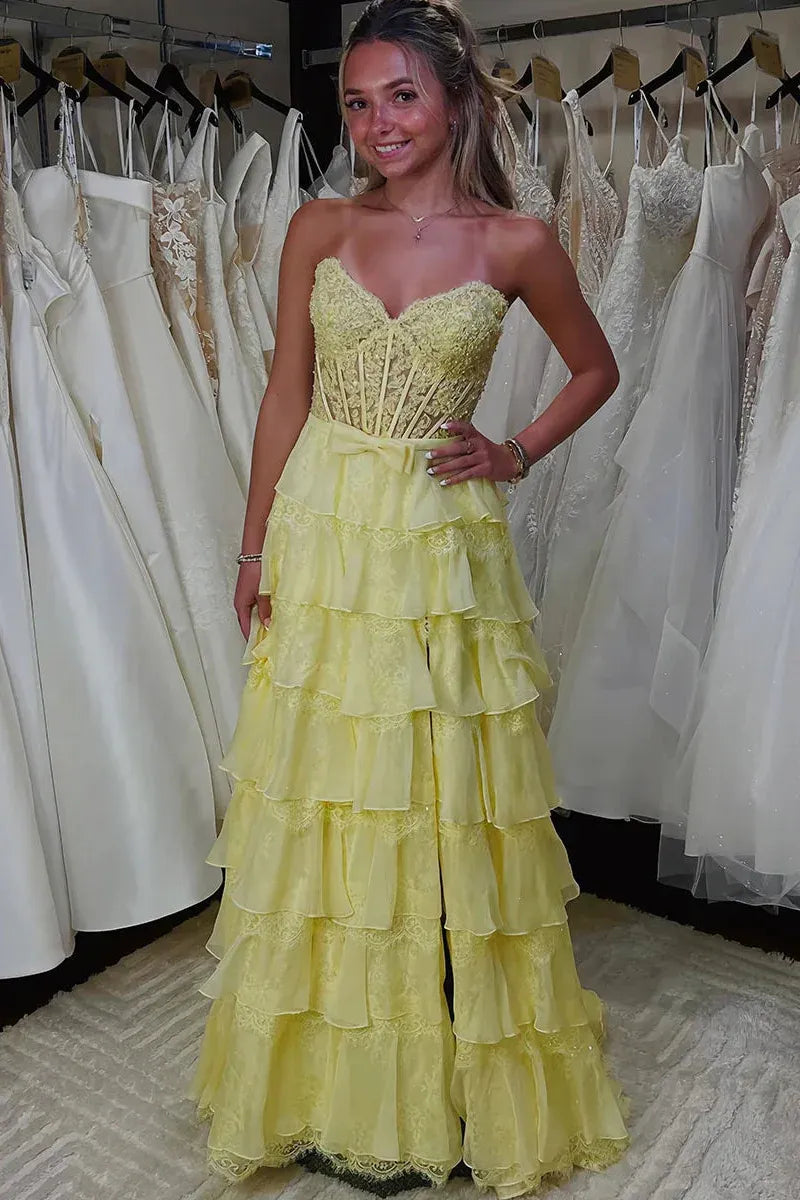 Blush Pink Romantic Blush Pink Strapless Tie Ruffled Prom Gown With Corset Bodice