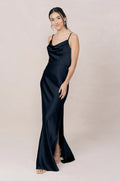 Romantic Cowl Neck Navy Blue Satin Bridesmaid Dress with Spaghetti Straps & Open Back Cowl Detail