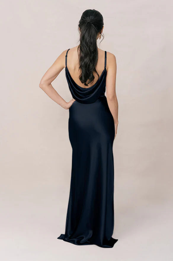 Romantic Cowl Neck Navy Blue Satin Bridesmaid Dress with Spaghetti Straps & Open Back Cowl Detail