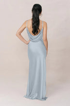 Romantic Cowl Neck Spaghetti Strap Satin Mermaid Bridesmaid Dress with Cowl Back & High Slit in Sky Blue
