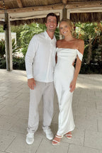 White Off-the-Shoulder Satin Mermaid Floor-Length Dress