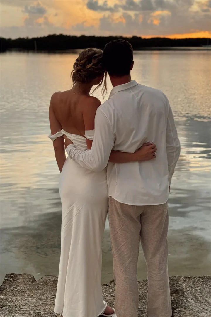 White Off-the-Shoulder Satin Mermaid Floor-Length Dress